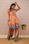 Shop_Soup by Sougat Paul_Orange Cotton Silk Printed Bandhej V Neck Kurta And Pant Set _Online_at_Aza_Fashions