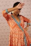 Soup by Sougat Paul_Orange Cotton Silk Printed Bandhej V Neck Kurta And Pant Set _at_Aza_Fashions