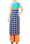 Buy_Soup by Sougat Paul_Blue And Orange Chequered Kurta Set  _at_Aza_Fashions