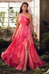 Buy_Suruchi Parakh_Pink Habutai Silk Floral Asymmetric One Shoulder Gown For Women_at_Aza_Fashions