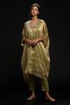 ADITYA SIKAND_Green 40 % Cotton Plain V Neck Kaftan Tunic And Pant Set _Online_at_Aza_Fashions