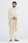 Megha Bansal_White Lycra, Matka , Organza, Badaami Akal Vrit Sherwani Set _Online_at_Aza_Fashions