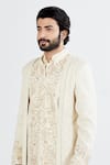 Megha Bansal_White Lycra, Matka , Organza, Badaami Akal Vrit Sherwani Set _at_Aza_Fashions