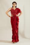 Buy_Adaara Couture_Red Raw Silk V Neck Embellished Saree Gown _at_Aza_Fashions