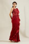 Adaara Couture_Red Raw Silk V Neck Embellished Saree Gown _Online_at_Aza_Fashions