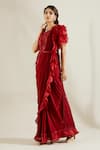 Buy_Adaara Couture_Red Raw Silk V Neck Embellished Saree Gown _Online_at_Aza_Fashions