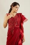 Shop_Adaara Couture_Red Raw Silk V Neck Embellished Saree Gown _Online_at_Aza_Fashions