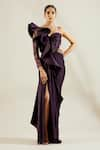 Buy_Adaara Couture_Purple Raw Silk Asymmetric Embellished One Shoulder Saree Gown _at_Aza_Fashions