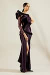 Adaara Couture_Purple Raw Silk Asymmetric Embellished One Shoulder Saree Gown _Online_at_Aza_Fashions