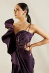 Shop_Adaara Couture_Purple Raw Silk Asymmetric Embellished One Shoulder Saree Gown _Online_at_Aza_Fashions