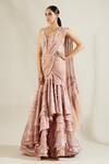 Buy_Adaara Couture_Pink Raw Silk V Neck Embellished Saree Gown _Online_at_Aza_Fashions