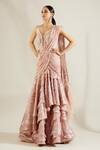 Shop_Adaara Couture_Pink Raw Silk V Neck Embellished Saree Gown _Online_at_Aza_Fashions