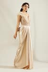 Adaara Couture_Beige Net V Neck Embellished Saree Gown _Online_at_Aza_Fashions