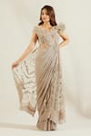 Buy_Adaara Couture_Grey Raw Silk Asymmetric Embellished Saree Gown_at_Aza_Fashions