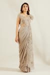 Adaara Couture_Grey Raw Silk Asymmetric Embellished Saree Gown_Online_at_Aza_Fashions