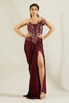 Buy_Adaara Couture_Maroon Net Asymmetric Embellished Saree Gown _at_Aza_Fashions