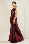 Buy_Adaara Couture_Maroon Net Asymmetric Embellished Saree Gown _Online_at_Aza_Fashions