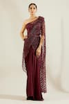 Buy_Adaara Couture_Maroon Net Asymmetric Embellished One Shoulder Saree Gown _at_Aza_Fashions