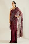 Adaara Couture_Maroon Net Asymmetric Embellished One Shoulder Saree Gown _Online_at_Aza_Fashions