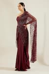 Buy_Adaara Couture_Maroon Net Asymmetric Embellished One Shoulder Saree Gown _Online_at_Aza_Fashions