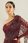 Shop_Adaara Couture_Maroon Net Asymmetric Embellished One Shoulder Saree Gown _Online_at_Aza_Fashions