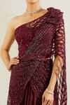 Adaara Couture_Maroon Net Asymmetric Embellished One Shoulder Saree Gown _at_Aza_Fashions