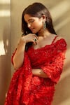 Seema Gujral_Red Net Embroidered Floral V Neck Saree With Blouse _Online_at_Aza_Fashions