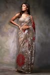 Buy_Seema Gujral_Beige Net Embroidery V Neck Metallic Applique Saree With Blouse  _at_Aza_Fashions