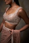 Seema Gujral_Peach Georgette Embroidery V Neck Embellished Saree With Blouse _at_Aza_Fashions