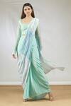 Buy_Vedika M_Green Crepe Pre-draped Saree With Blouse_at_Aza_Fashions
