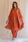 Buy_Nirjara_Orange Kurta And Pants Cotton Silk V Neck Embroidered & Set  _at_Aza_Fashions