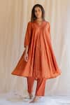 Nirjara_Orange Kurta And Pants Cotton Silk V Neck Embroidered & Set  _Online_at_Aza_Fashions