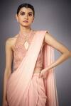 Shop_RI.Ritu Kumar_Peach Saree 50% Viscose 50% Lycra Lining Viscose Pre-draped Ruffle With _Online_at_Aza_Fashions