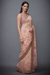 RI.Ritu Kumar_Pink Silk V Neck Chiffon Floral Print Saree _Online_at_Aza_Fashions