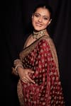 RI.Ritu Kumar_Maroon Silk Satin Embroidered Saree_at_Aza_Fashions