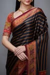 RI.Ritu Kumar_Black Silk Leaf Neck Striped Saree With Blouse _at_Aza_Fashions