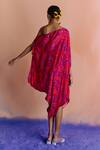 Shop_Studio Rigu_Red Vegan Silk Floral One Shoulder Printed Draped Dress_at_Aza_Fashions