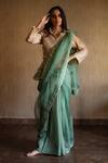 Shorshe Clothing_Green Handloom Silk Organza Jamdani Chanderi Saree_Online_at_Aza_Fashions