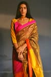 Shorshe Clothing_Gold Handloom Tissue Embroidery V Neck Saree With Blouse _Online_at_Aza_Fashions