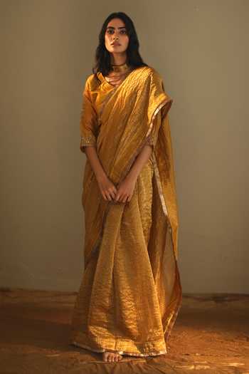 Buy_Shorshe Clothing_Yellow Handloom Chanderi Striped Saree _at_Aza_Fashions