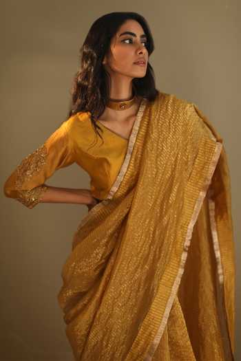 Shop_Shorshe Clothing_Yellow Handloom Chanderi Striped Saree _at_Aza_Fashions