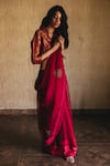 Buy_Shorshe Clothing_Red Saree Silk Organza Straight Collar Embroidered With Blouse _at_Aza_Fashions