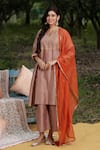 Buy_Sravanti_Beige Notched Embroidered Kurta And Pant Set  _at_Aza_Fashions