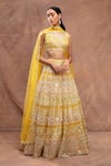 Buy_Aneesh Agarwaal_Yellow Net V Neck Foil Applique Embroidered Bridal Lehenga Set _at_Aza_Fashions