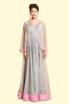 Buy_Salian By Anushree_Grey Cotton Voile Silk Embroidery V Neck Flared Gown _Online_at_Aza_Fashions