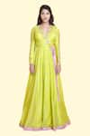 Buy_Salian By Anushree_Yellow Cotton Voile Silk Belt And Border Modal Satin Embroidery V Angarkha Gown _Online_at_Aza_Fashions