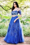 Salt And Spring_Blue Organza Sequins Sweetheart Neck Floral Embroidered Skirt And Blouse Set _Online_at_Aza_Fashions