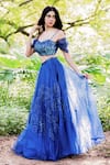 Buy_Salt And Spring_Blue Organza Sequins Sweetheart Neck Floral Embroidered Skirt And Blouse Set _Online_at_Aza_Fashions