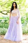 Buy_Salt And Spring_Purple Tulle Leaf And Floral Motifs V Neck Botanical Embroidered Lehenga Set _at_Aza_Fashions
