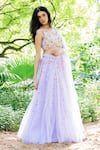 Salt And Spring_Purple Tulle Leaf And Floral Motifs V Neck Botanical Embroidered Lehenga Set _Online_at_Aza_Fashions